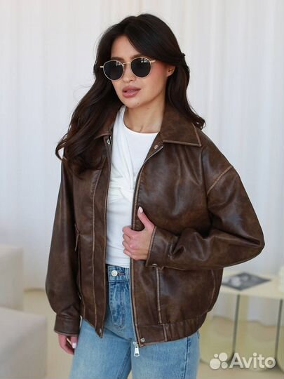 Кожаная куртка бомбер женская оверсайз