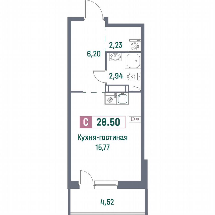 Квартира-студия, 28,5 м², 3/16 эт.