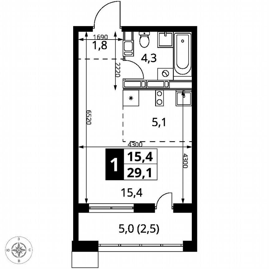 Квартира-студия, 29,1 м², 16/25 эт.