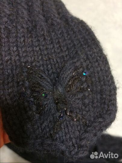 Комплект меринос синий шапка шарф варежки