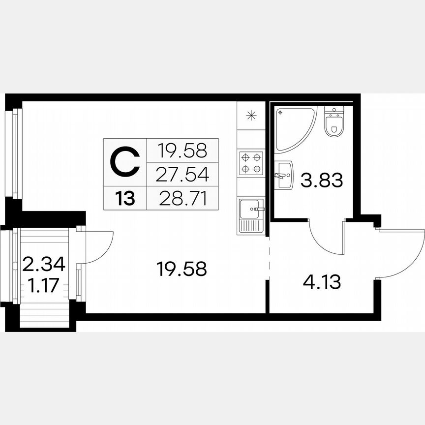 Квартира-студия, 28,7 м², 2/15 эт.