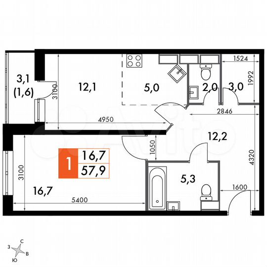 1-к. квартира, 57,9 м², 12/14 эт.