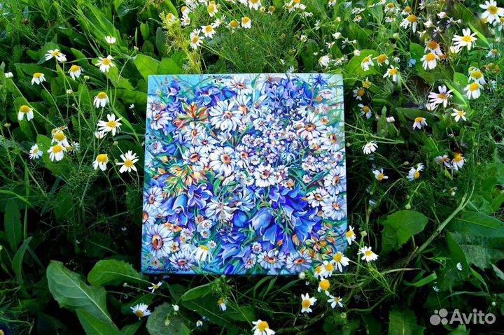 Картина маслом луговые цветы, ромашки. Холст