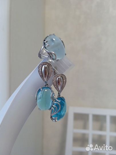 Серебряный комплект кольцо и серьги с топазами