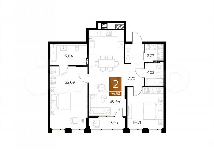 2-к. квартира, 94,6 м², 6/8 эт.