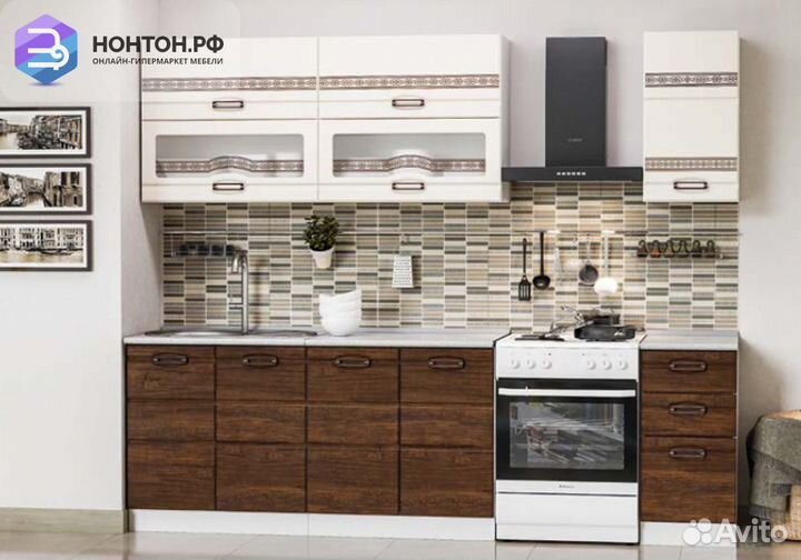 Кухня Техно-4 2.0 м белый глянец / дерево