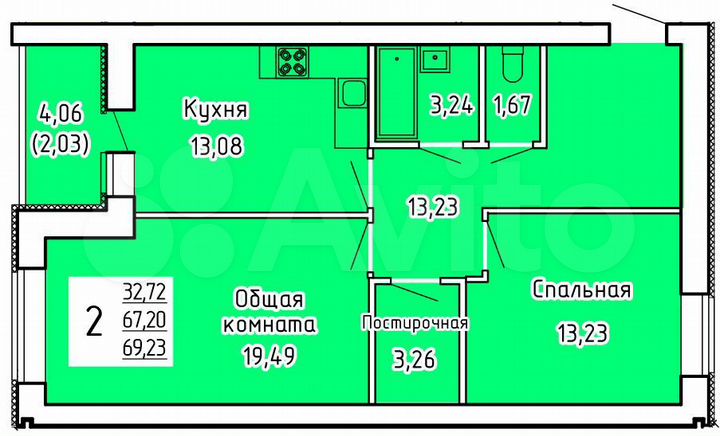 2-к. квартира, 69,2 м², 4/9 эт.