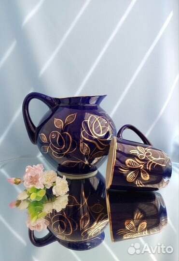 Кувшин и чашка,кобальт, Гжель, времена СССР