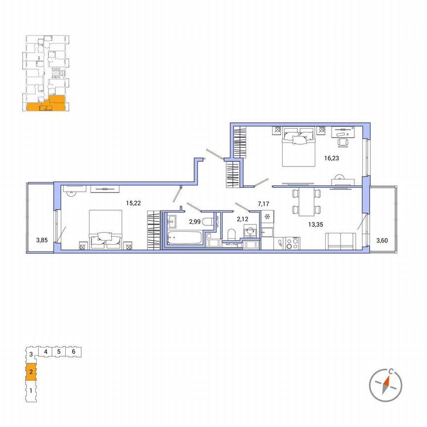 2-к. квартира, 59,3 м², 2/7 эт.