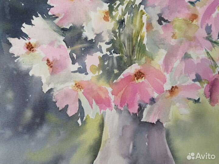 Картина акварелью цветы космеи 30 40