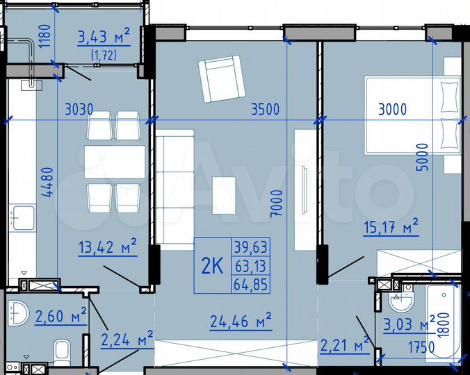 2-к. квартира, 64,5 м², 7/9 эт.