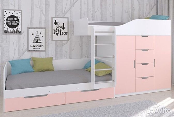 Двухъярусная кровать Дуб Молочный/Голубой