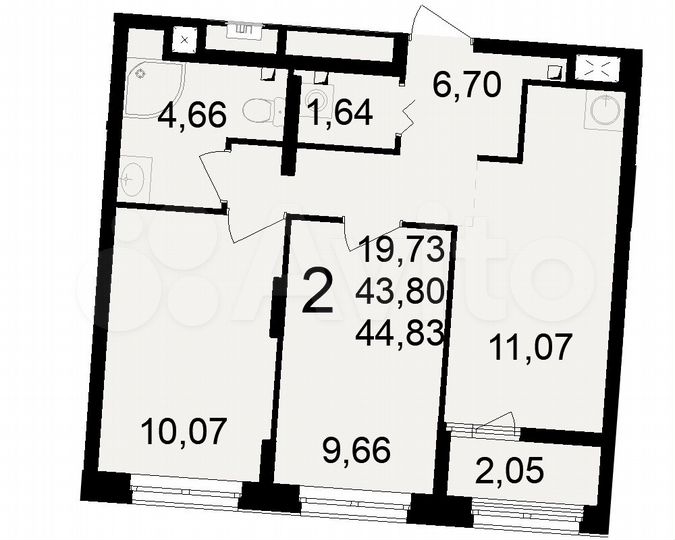 2-к. квартира, 44,8 м², 1/23 эт.