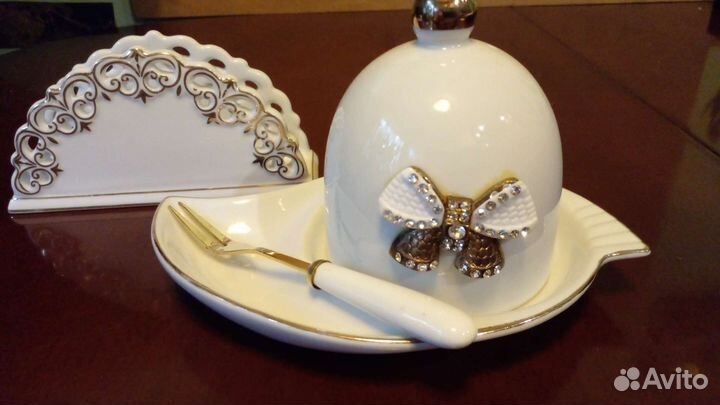 Салфетница, лимонница с бантиком и стразами фарфор