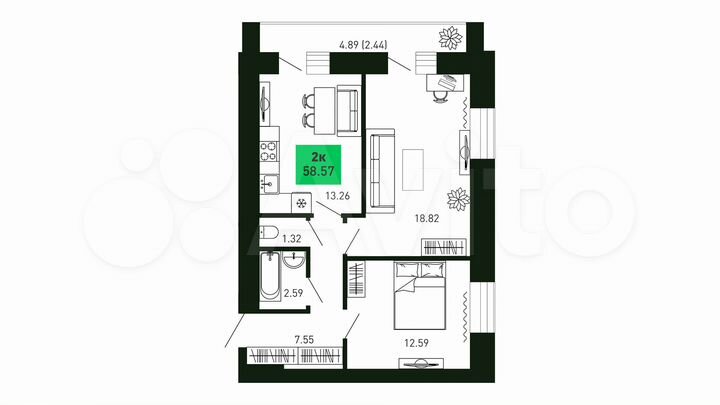 2-к. квартира, 58,6 м², 16/16 эт.