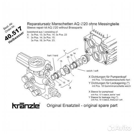 Комплект уплотнений манжет D-20мм Kranzle 40.517