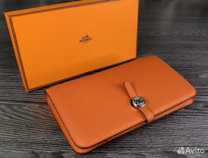 Женский кожаный клатч Hermes orange lux новый 2в1