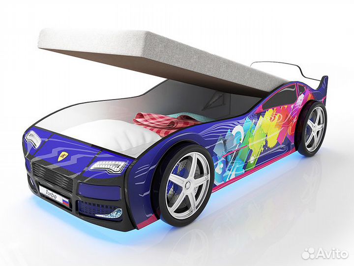 Кровать-машина Турбо Синяя 2 с пм, с колесами (2шт