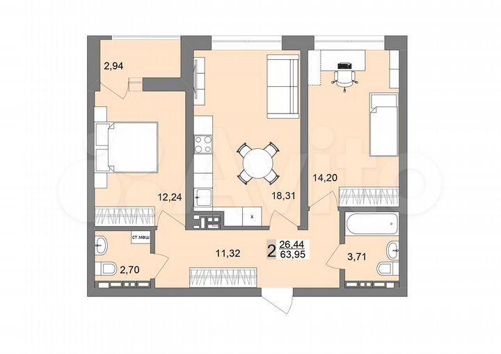 2-к. квартира, 63,6 м², 18/26 эт.