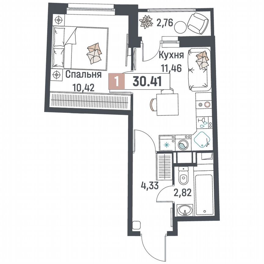 1-к. квартира, 30,4 м², 7/18 эт.