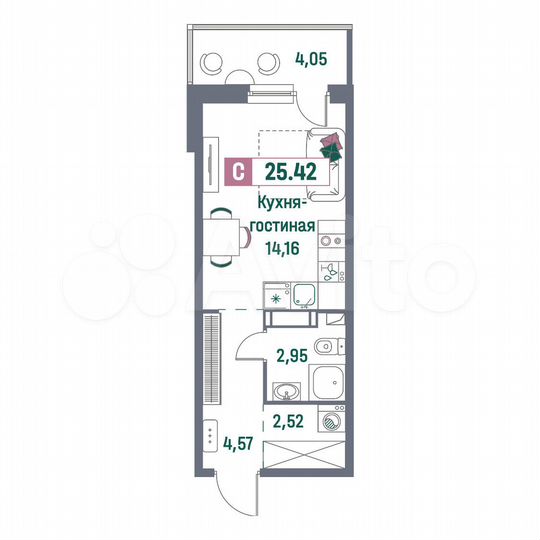 Квартира-студия, 25,4 м², 9/16 эт.