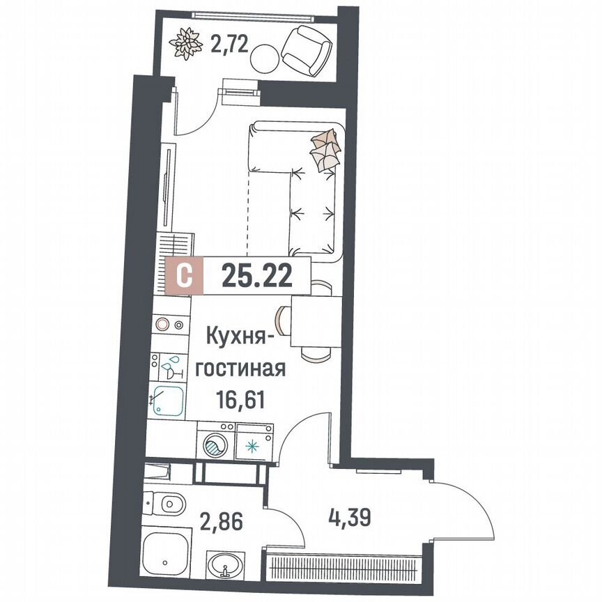 Квартира-студия, 25,2 м², 8/18 эт.