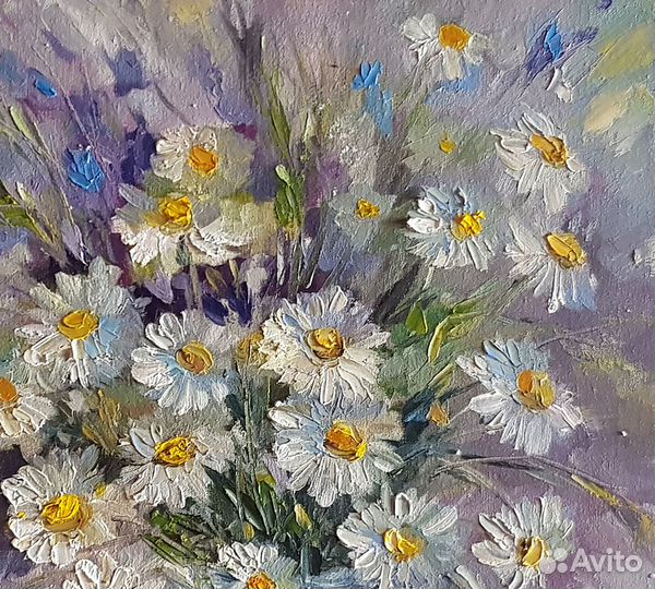 Картина букет цветов ромашки маслом на холсте