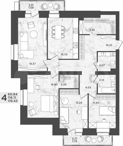 4-к. квартира, 119,4 м², 4/10 эт.