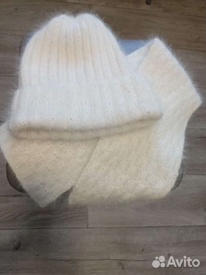 Шапка с шарфом новая вязаная (пух норки+кашемир)