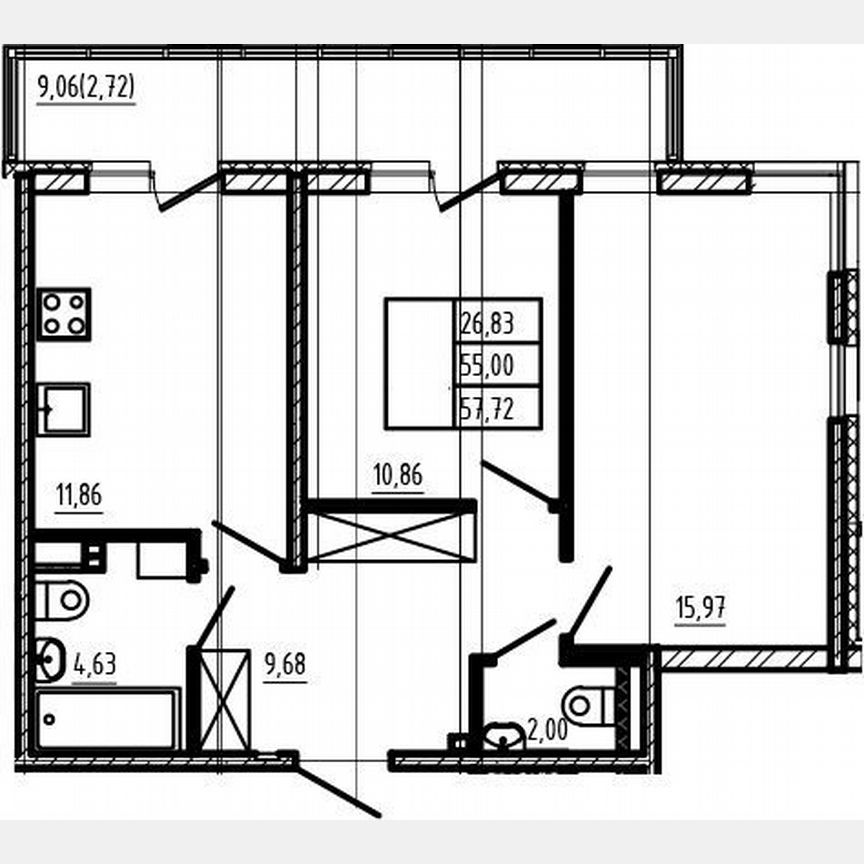 2-к. квартира, 55 м², 4/4 эт.