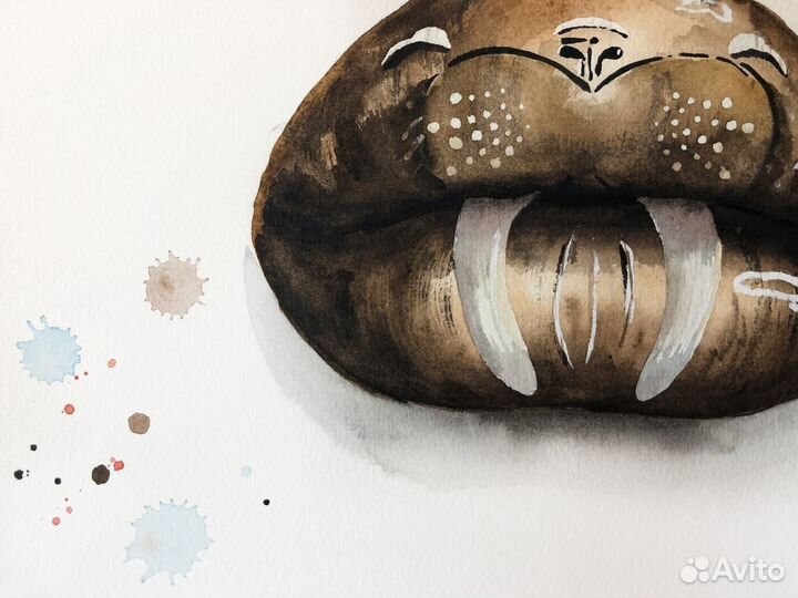 Картина Губы Морж Акварелью Сюрреализм 21х30