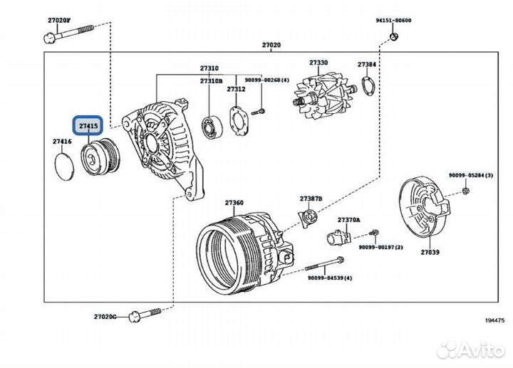 Шкиф муфта обгонная генератора Toyota 2Arfe toyota