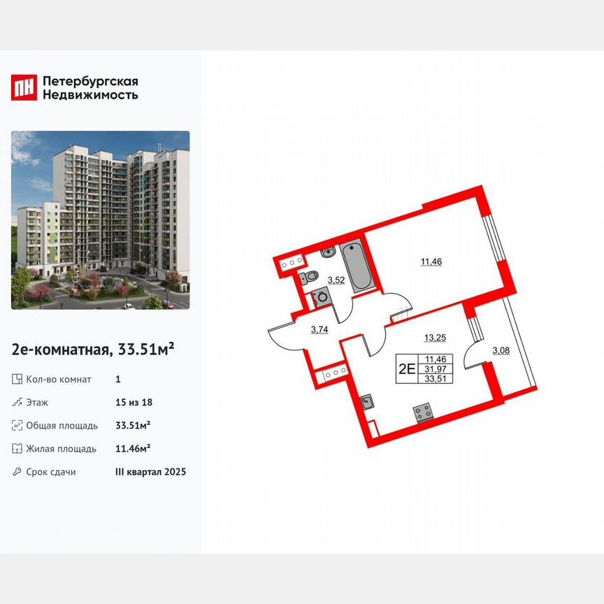 1-к. квартира, 33,5 м², 15/18 эт.