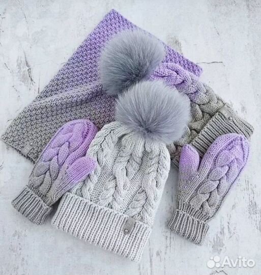 Шапка снуд варежки вязаный комплект ручной работы