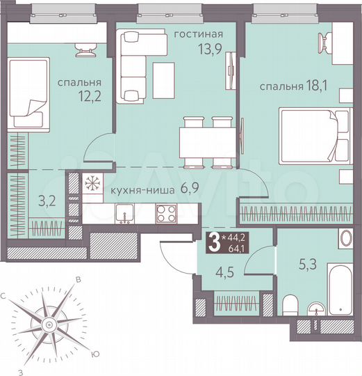 3-к. квартира, 64,1 м², 7/16 эт.