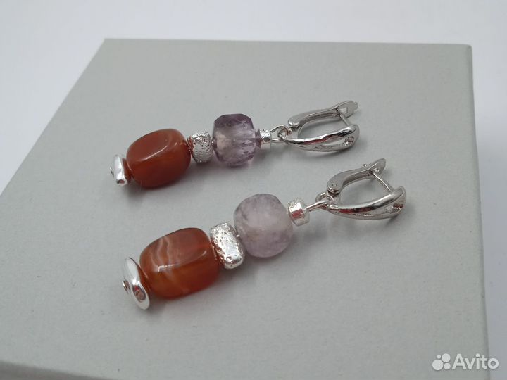 Серьги 3см сердолик,аметист