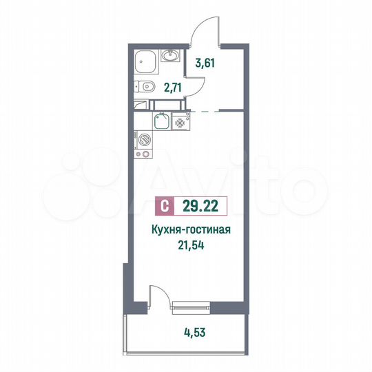 Квартира-студия, 29,2 м², 6/16 эт.