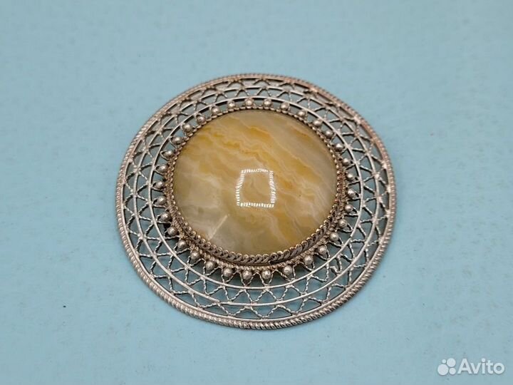 Брошь скань зернь камень Оникс 50 мм чфхи