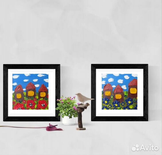 Картина маслом Деревенский пейзаж цветы и дома