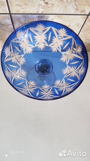 Ваза для фруктов на ножке синий хрусталь СССР