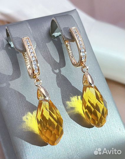 Длинные серьги дубайское золото с желтым камнем