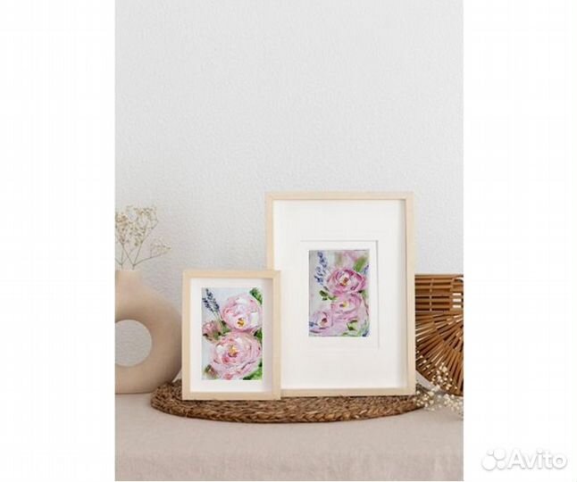 Картина маслом на холсте розовые цветы, 10х15см