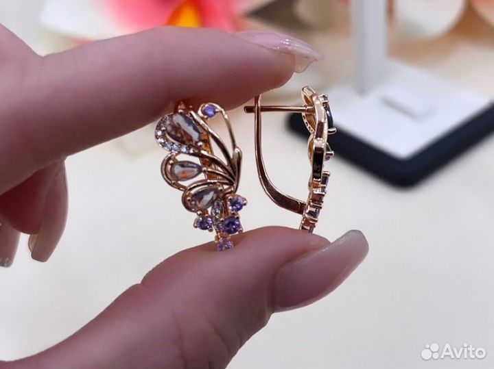 Шикарные серьги с фианитами, покрытие золото