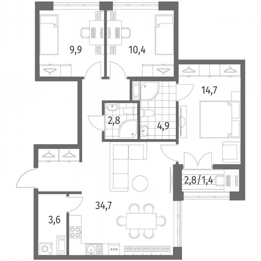 3-к. квартира, 82,4 м², 2/9 эт.