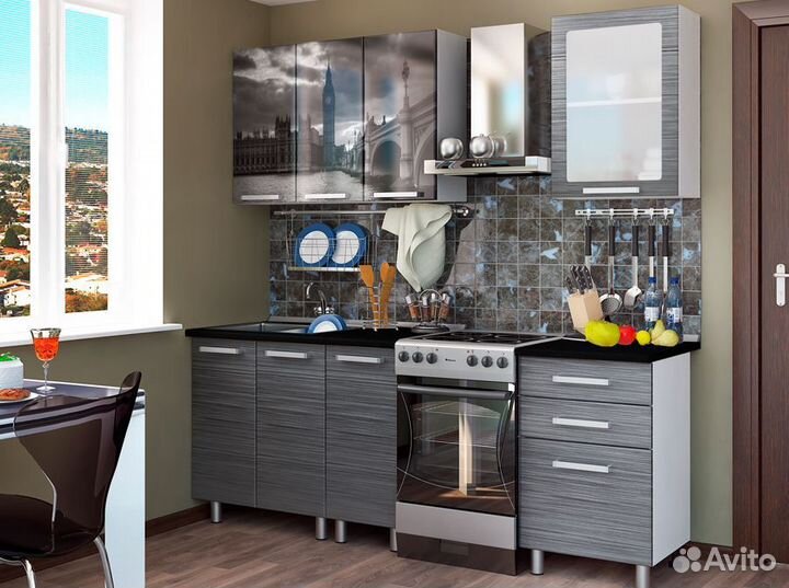 Кухня 1,6 метра мдф Черный титан с фотопечатью