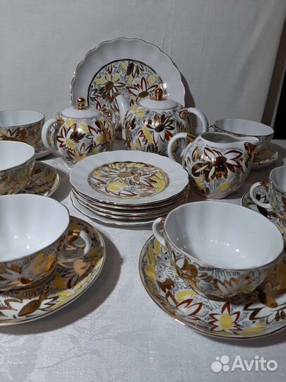 Чайный сервиз лфз костяной фарфор золотые ромашки