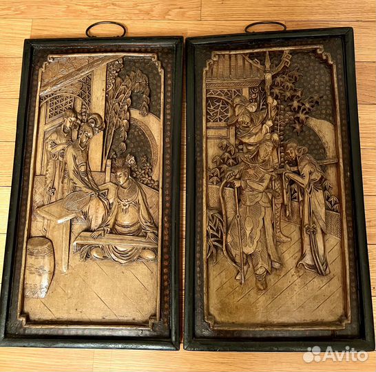 Две картины резьба по дереву Китай антиквариат