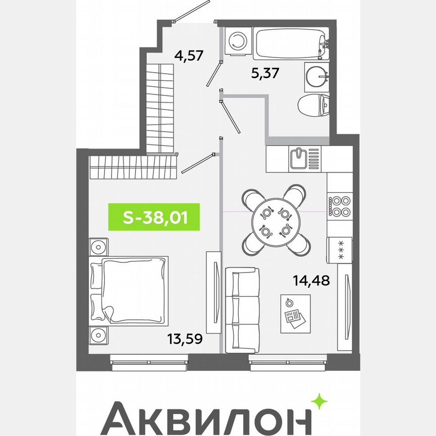 1-к. квартира, 38 м², 1/12 эт.