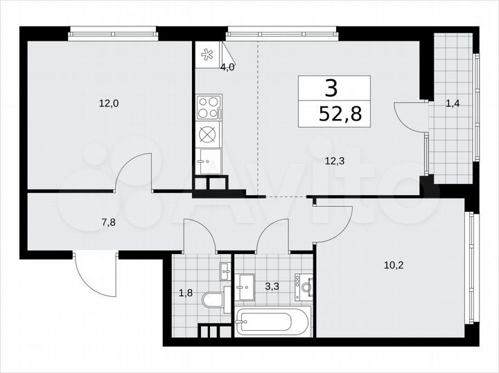 3-к. квартира, 52,8 м², 14/15 эт.