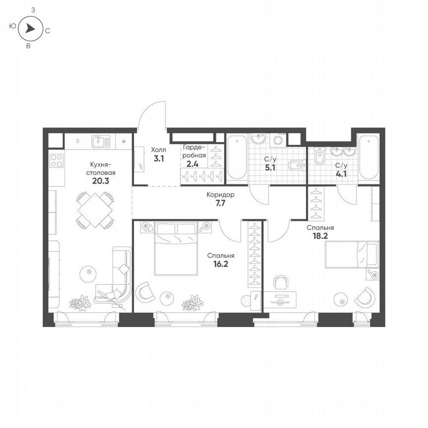 2-к. квартира, 77,1 м², 13/16 эт.